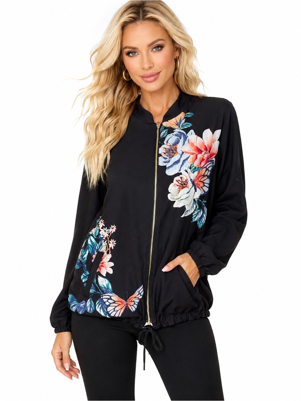 Women’s XL Reversible Floral Bomber Jacket Zip Front Lightweight Black